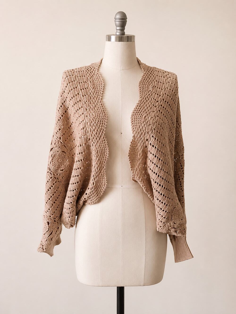 Design History Cotton Open Weave Cocoon Cardigan Taupe Boho One Size Y2K